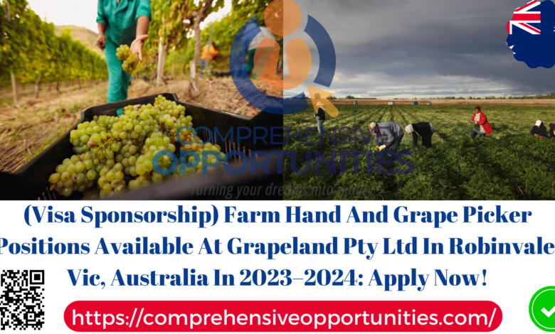(Visa Sponsorship) Farm Hand And Grape Picker Positions Available At Grapeland Pty Ltd In Robinvale, Vic, Australia In 2023–2024: Apply Now!